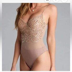 Windsor NWT embroidered lace sequins beads pearls sheer bodysuit xs dusty rose